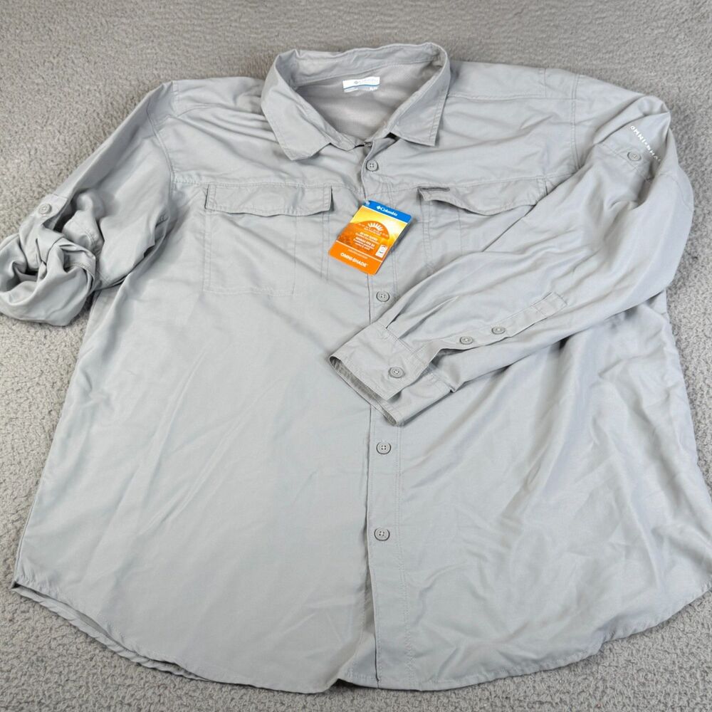COLUMBIA Shirt Mens XL Gray PFG Omni Shade 50 UPF Vented Roll Tab Fishing Hiking - Picture 1 of 15